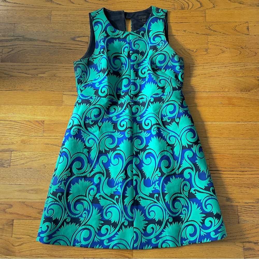 J.Crew Baroque Scroll Jacquard A-Line Shift Dress Teal Blue Size 8